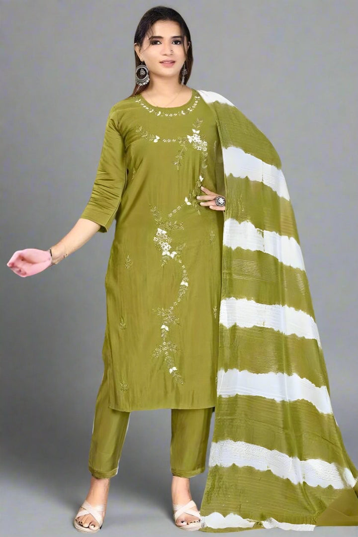 Kurta Pant Dupatta set on Roman Silk fabric