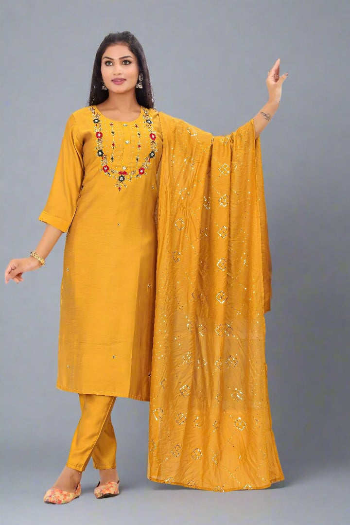 Kurta Pant Dupatta set on Masleen fabric