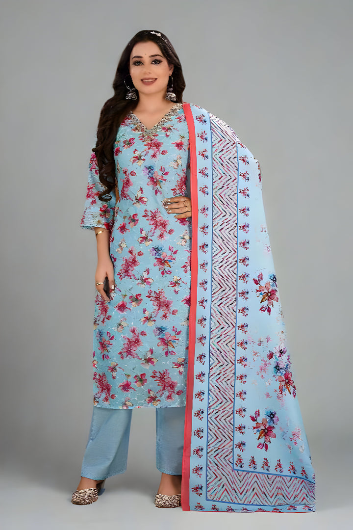 Kurta Pant Dupatta set on Schiffli fabric