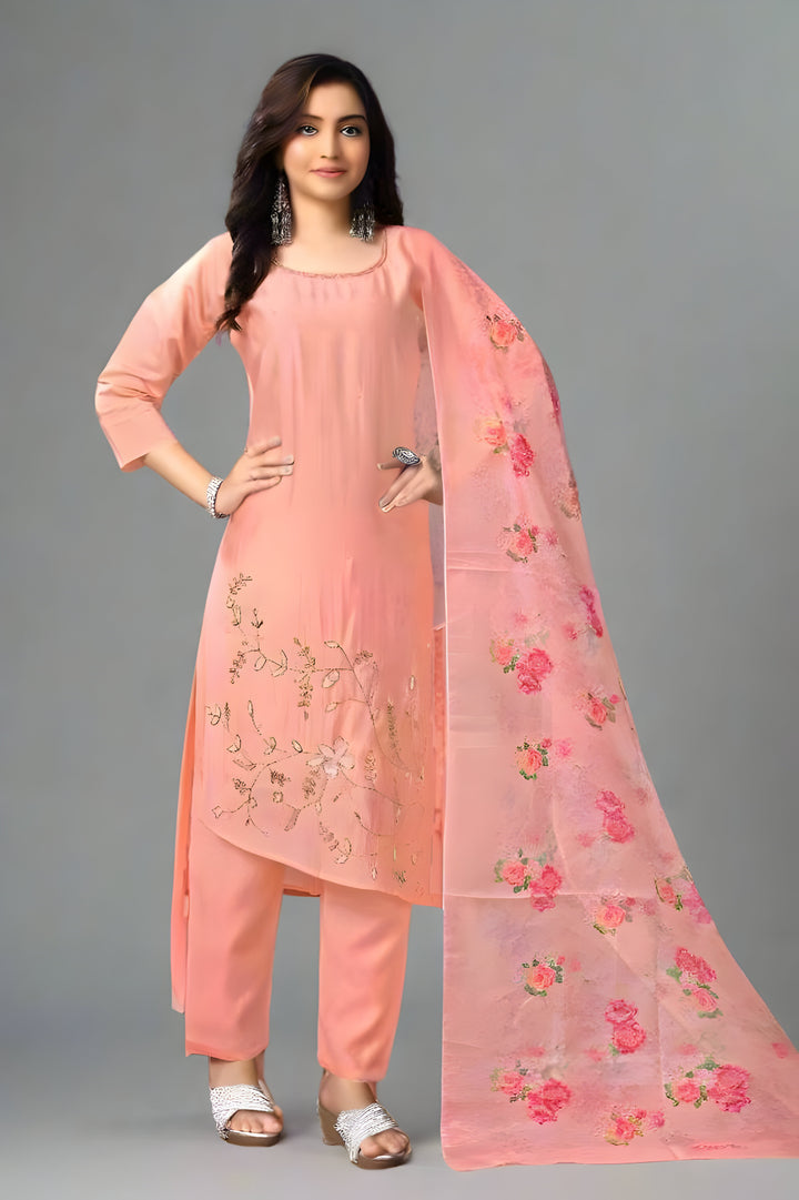 Kurta Pant Dupatta set on Roman Silk fabric