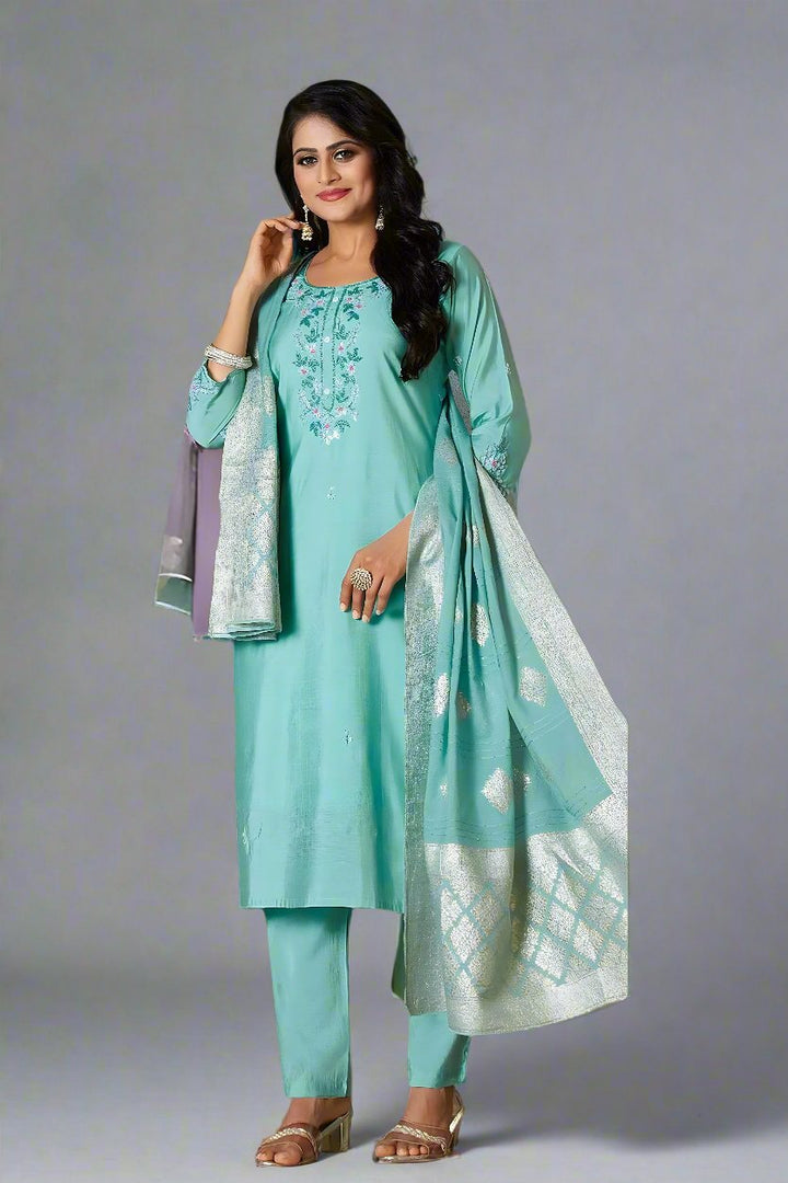 Kurta Pant Dupatta set on Shimmer fabric