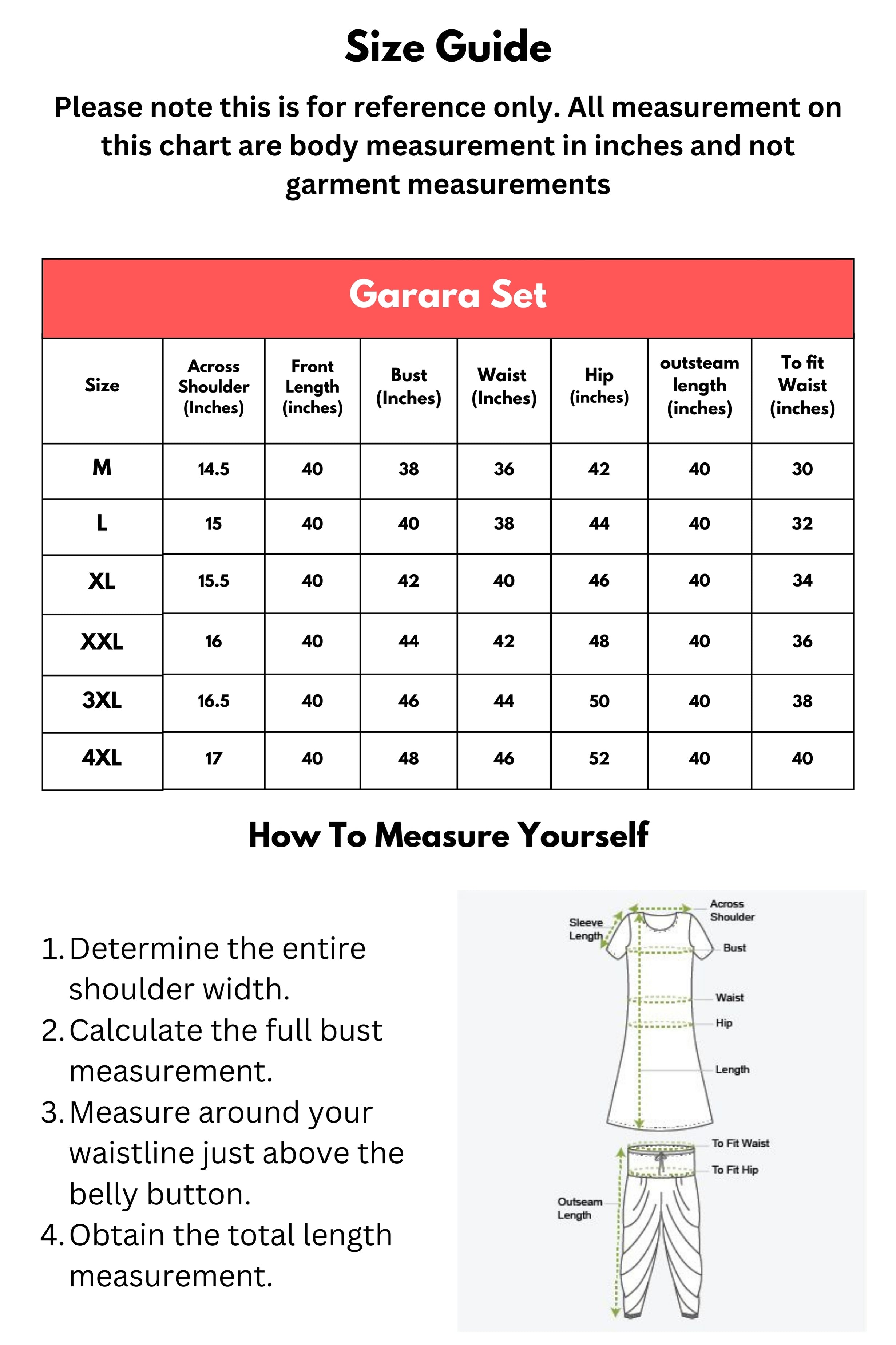 Size Chart for Garara