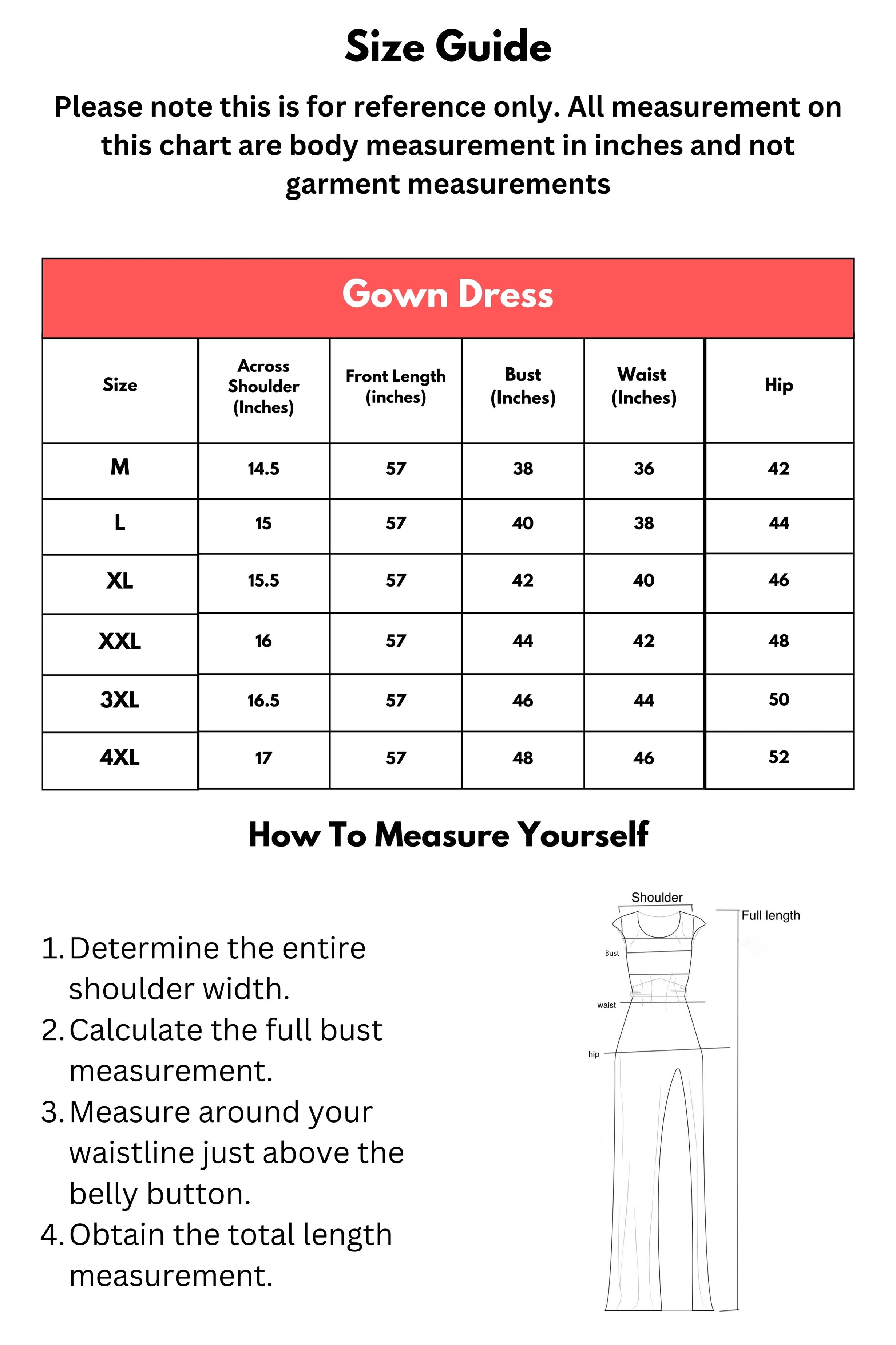 Size Chart for Dresses