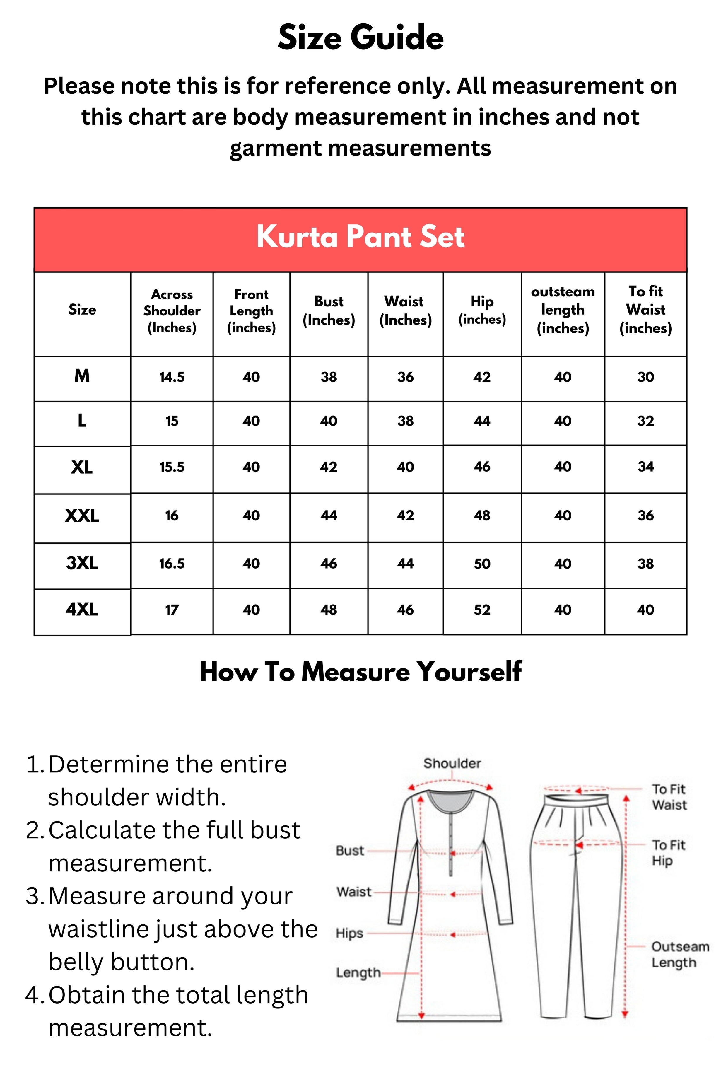 Size Chart for Kurta Sets