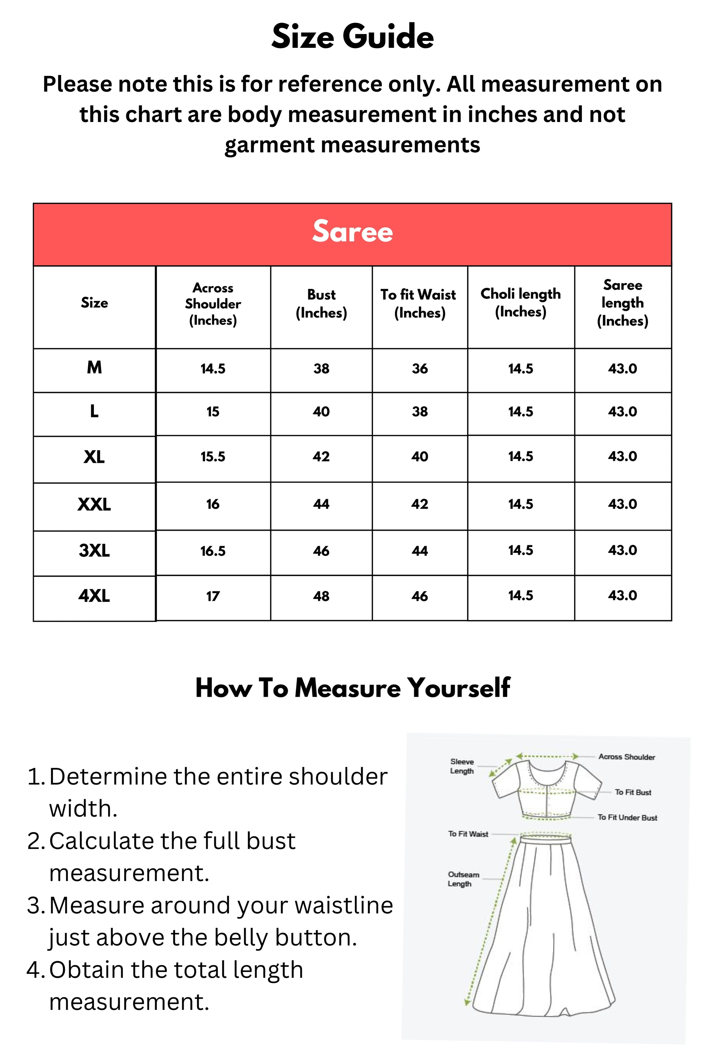 Size Chart for Saree