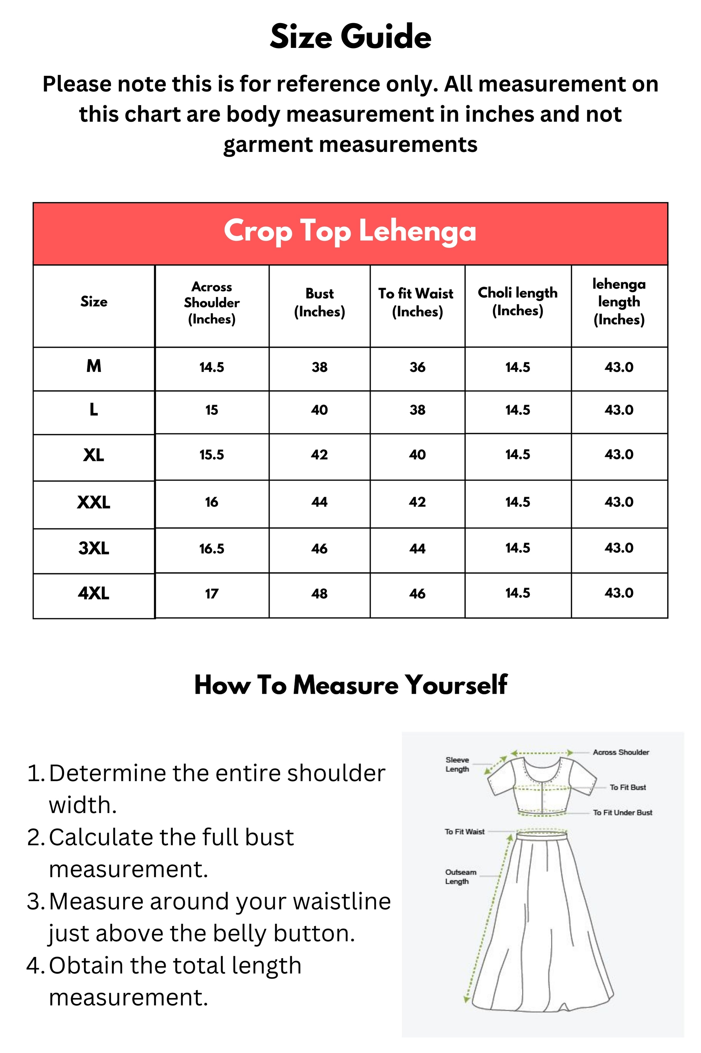 Size Chart for Lehengas